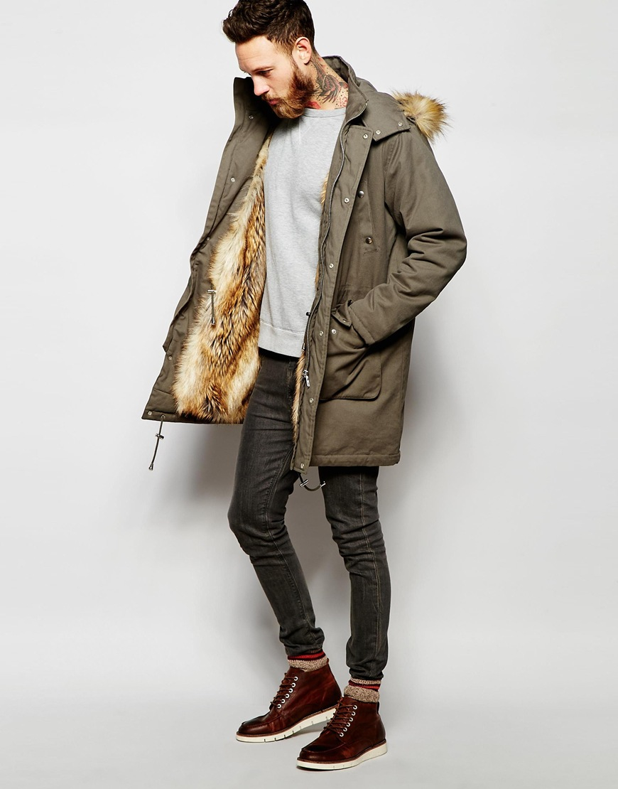 Asos green faux fur lined parka jacket in khaki product 0 861695427 normal