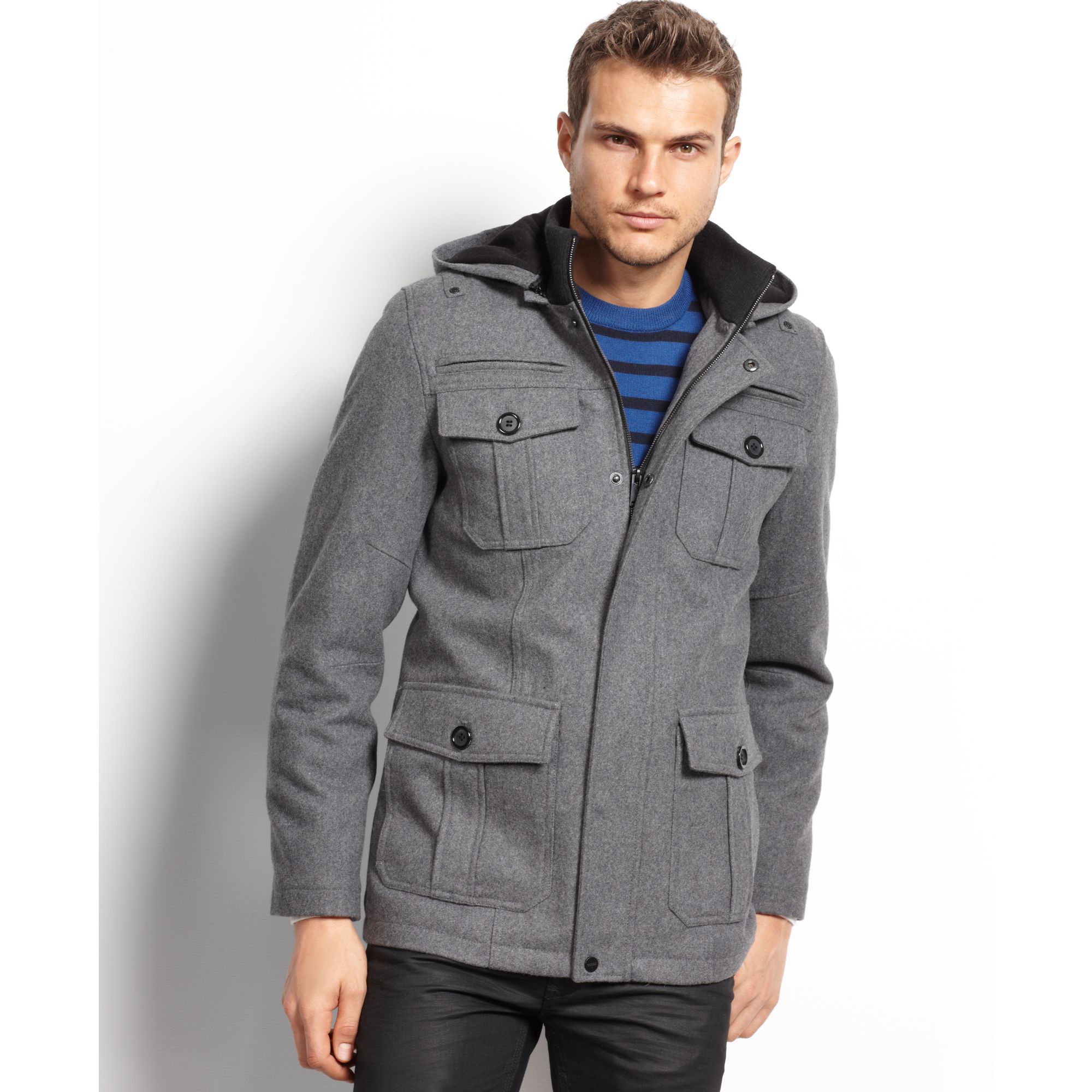 Guess light grey coats military style hooded pea coat product 1 14825189 316334623